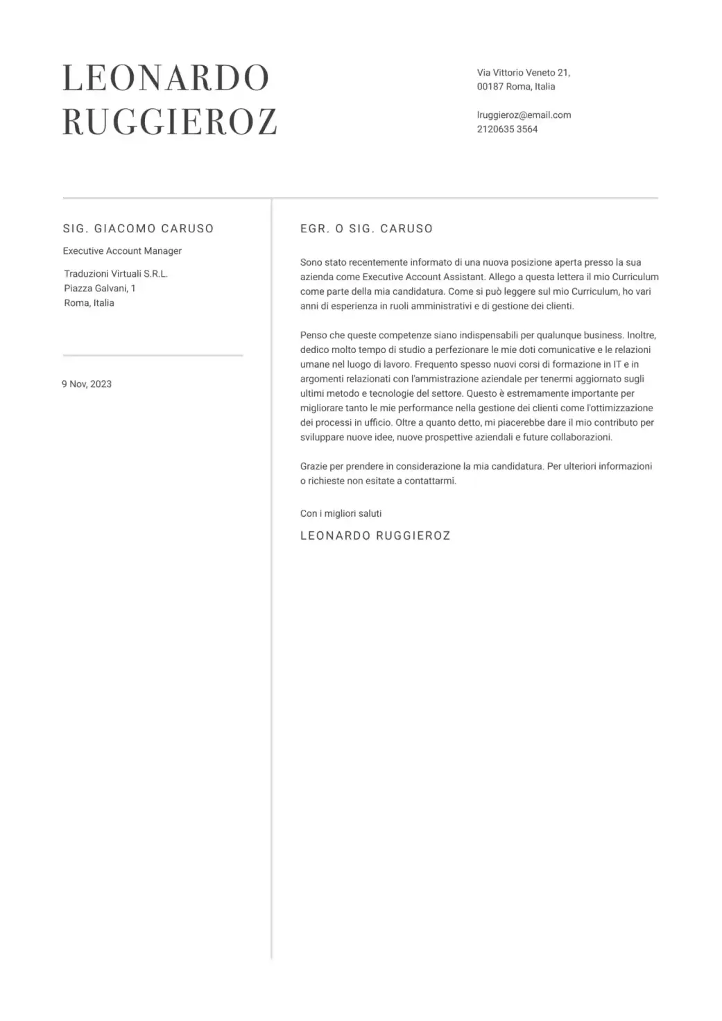 cover letter or Lettera di presentazione
