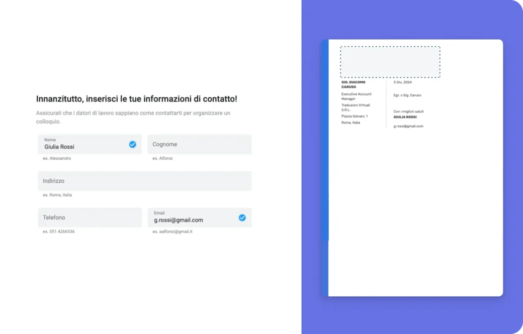 Inserisci nome, email e altri dettagli di contatto per completare la lettera