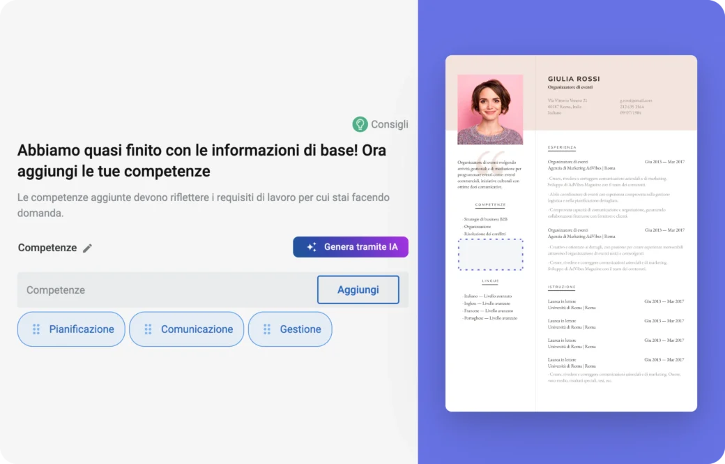 Aggiungi subito le competenze selezionate direttamente nel tuo CV